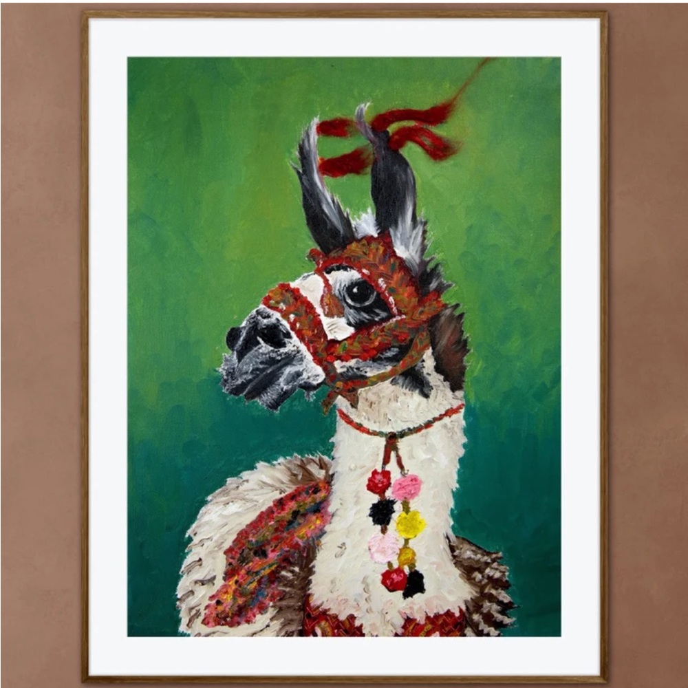 Peruvian Llama Fine Art Print Oil Painting Andes Mountains Pom Poms tassels Peru